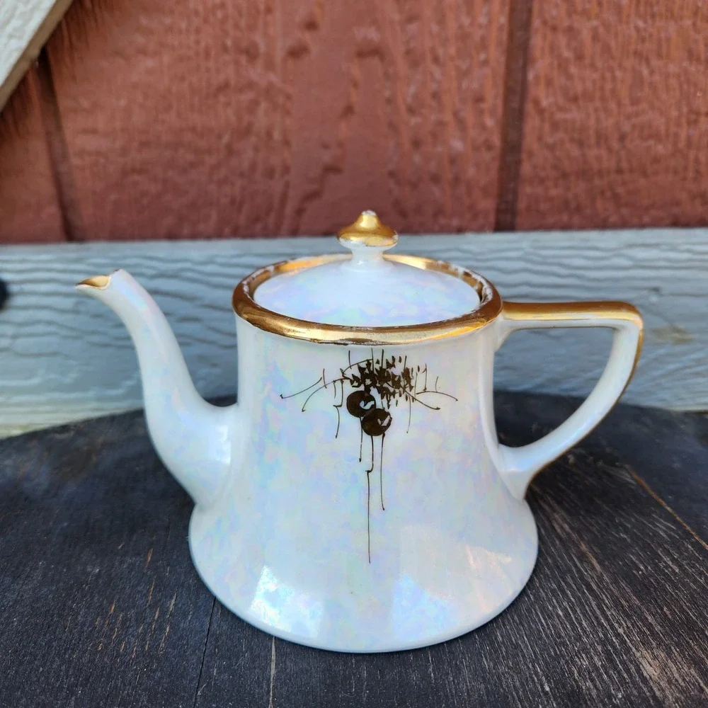 Antique Limoges WG & Co French Lusterware Porcelain Teapot Pearlescent Gold Gilt